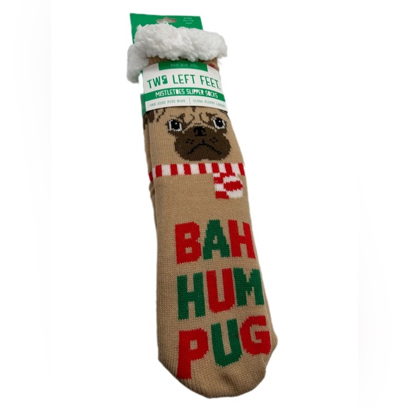 Two Left Feet Bah Humpug Anti-Slip Slipper Socks Cozy Fuzzy Pug NWT Christmas - Picture 7 of 8